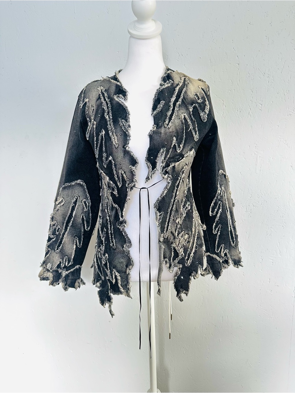 Frayed Open-Front Black Tie-Closure Women's Cardigan
